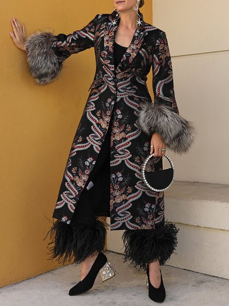 

Urban Lapel Collar Regular Fit Feather-trimmed Floral Coat, Black, Coats
