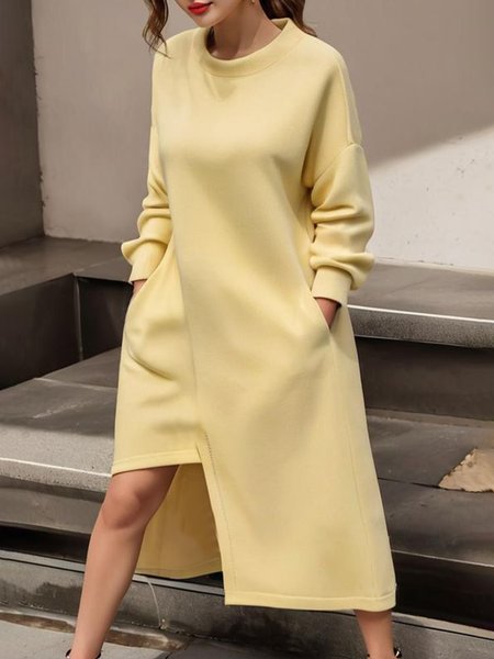 

Loose Plain Crew Neck Long Sleeve Casual Dress, Yellow, Midi Dresses
