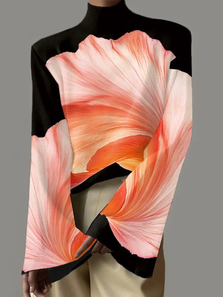 

Casual Turtleneck Floral Bell Sleeve Blouse, As picture, Blouses and Shirts