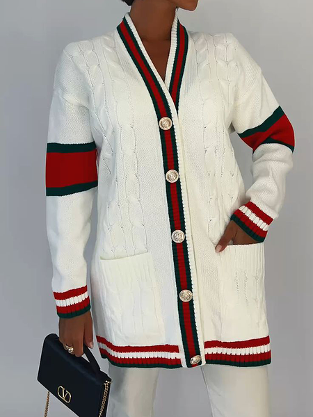 

Medium Elasticity V Neck Long Sleeve Regular Sleeve Casual Loose Color Block Mid-long Cardigan Sweater, As picture, Cardigans