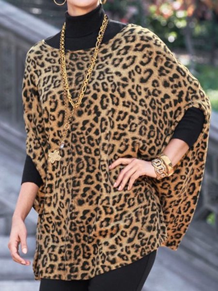

Raglan Sleeve Casual Leopard Split Joint Blouse, Brown, Blouses and Shirts