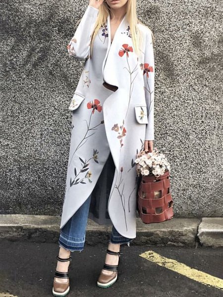

Floral Urban Loose Regular Sleeve Coat With Belt, As picture, Coats