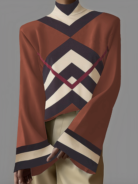 

Medium Elasticity Geometric Bell Sleeve Turtleneck Long Sleeve Loosen Casual Blouse, Brown, Blouses and Shirts