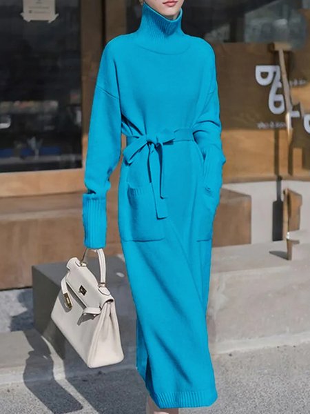 

Plain Casual Turtleneck Long Sleeve Sweater Dress, Blue, Maxi Dresses