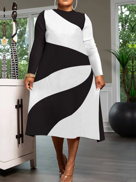 

Loose Regular Sleeve Geometric Crew Neck Long Sleeve Urban Midi Dress, As picture, Midi Dresses