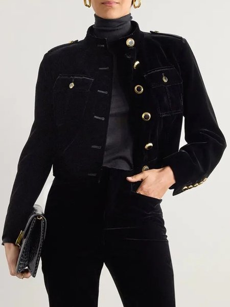 

Velvet Stand Collar Buttoned Regular Fit Urban Plain Jacket, Black, Jackets