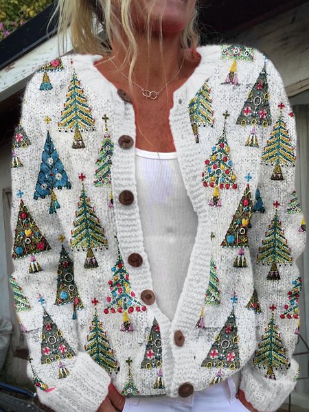 

Crew Neck Casual Floral Regular Fit Cardigan, White, Cardigans