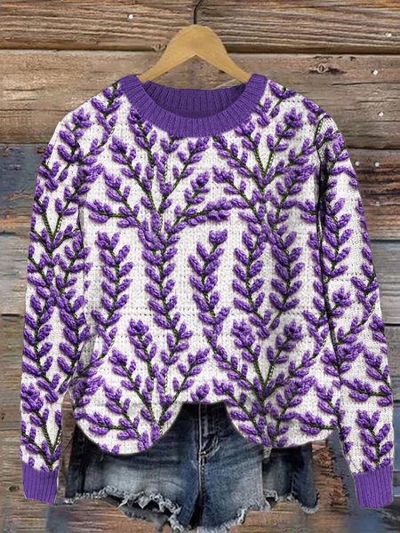 

Maple Leaf Crew Neck Casual Knitted Sweater, Purple, Sweaters