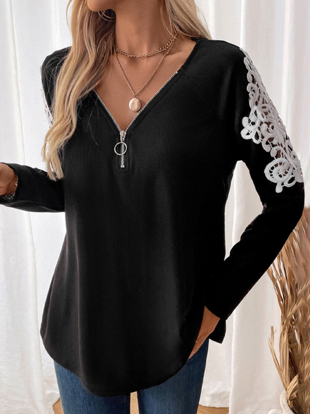 

V Neck Long Sleeve Plain Zipper Regular Loose Blouse For Women, Black, Blouses