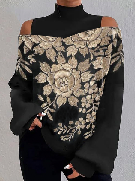 

Medium Elasticity Floral Hollow Out Casual Off Shoulder Sleeve Long Sleeve Loose Blouse, As picture, Blouses and Shirts
