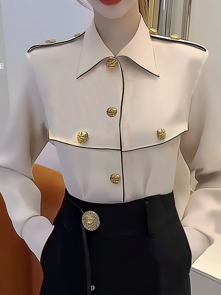 

Regular Sleeve Loose Color Block Long Sleeve Urban Shirt Collar Shirt, As picture, Blouses and Shirts