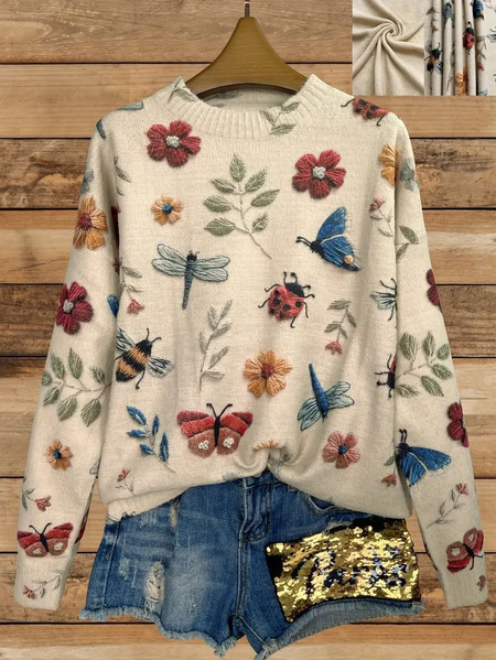 

Floral Print Crew Neck Loose Simple Knitted Sweater, Khaki, Sweaters