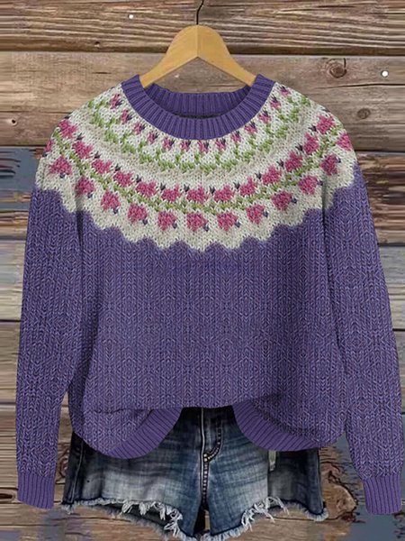 

Maple Leaf Crew Neck Simple Sweater, Purple, Sweaters