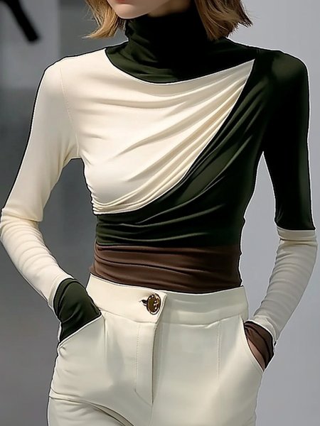 

Regular Sleeve Casual Turtleneck Regular Fit Color Block Blouse, As picture, Blouses and Shirts