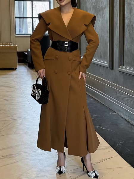 

Regular Fit Elegant Regular Sleeve Plain Navy Collar Long Sleeve Long Coat No Belt, Brown, Coats