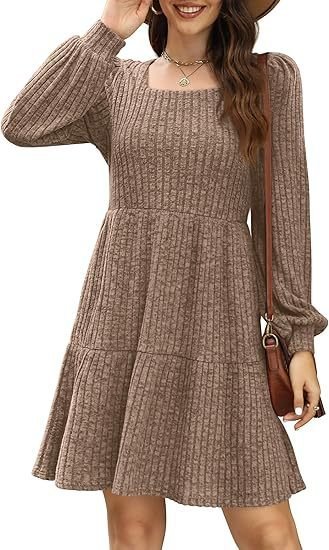 

Women's Long Sleeve Spring/Fall Plain Dress Crew Neck Daily Going Out Casual Mini A-Line, Khaki, Dresses