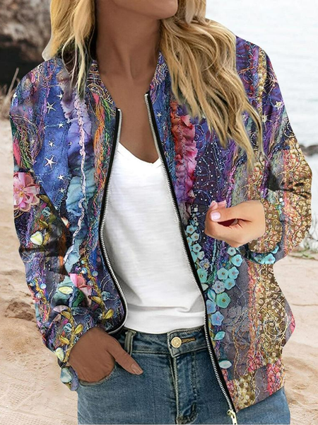 

Women's Spring/Fall Outerwear Casual Zipper Floral Long Sleeve Wrap Jacket, Purple, Outerwear