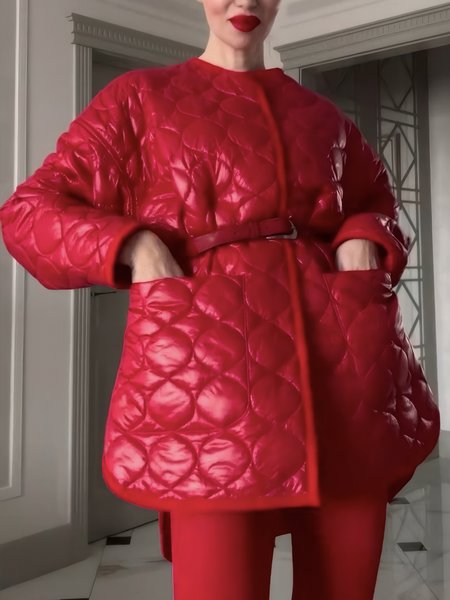 

Urban Loose Plain Crew Neck Padded Jacket, Red, Padded Jackets