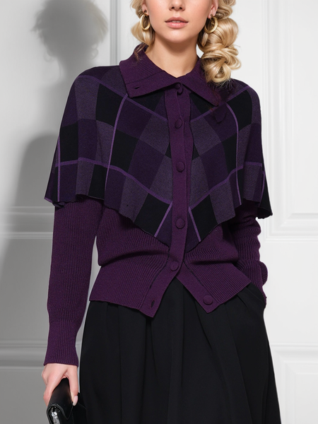 

Plaid Regular Fit Elegant Regular Sleeve Cardigan Sweater, Purple, Cardigans