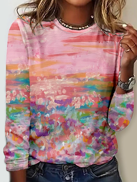 

Women's Breast Cancer Awareness Print Color Block Casual Long Sleeve Shirt, Pink, Long sleeves