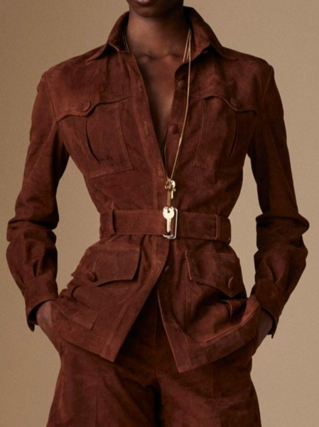 Suede Regular Fit Urban Faux Leather Coat With Belt, Brown, Jackets