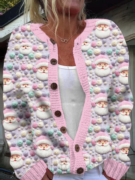 

Women's Christmas Santa Print Knit Cardigan, Pink, Cardigans