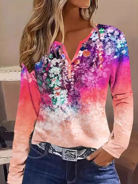 

Women's Long Sleeve Blouse Spring/Fall Floral V Neck Daily Going Out Casual Top, Deep pink, Shirts & Blouses