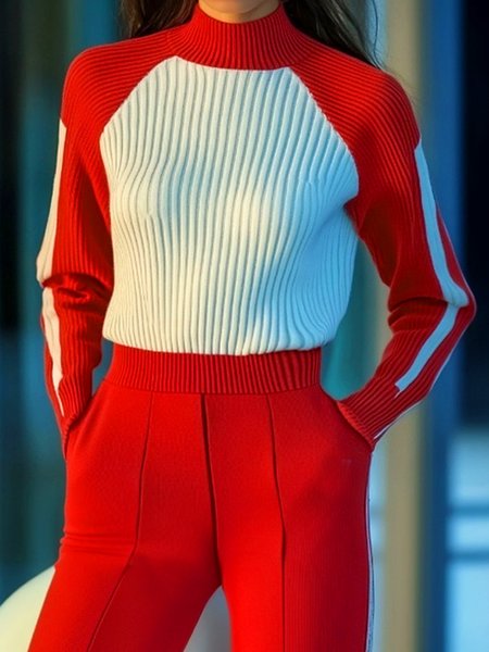 Regular Sleeve Color Block Urban Loose Sweater, White-red, Pullovers