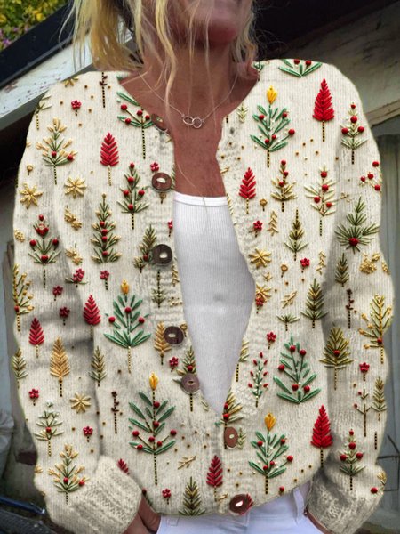 

Women Holiday Knitted Floral Print Long Sleeve Comfy Casual Cardigan, Apricot, Cardigans