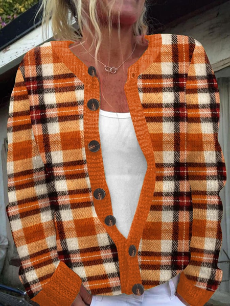 

Women's Autumn Fall 3D Printing Casual Plaid Knitted Cardigan, Orange, Cardigans