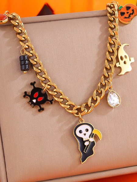 

Hallowee Pumpkin Pattern Skull Pendant Necklaces, Black, Necklaces