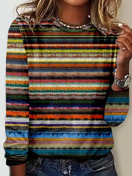 Striped 3D PrintingCasual Crew Neck Blouse, As picture, Long sleeves
