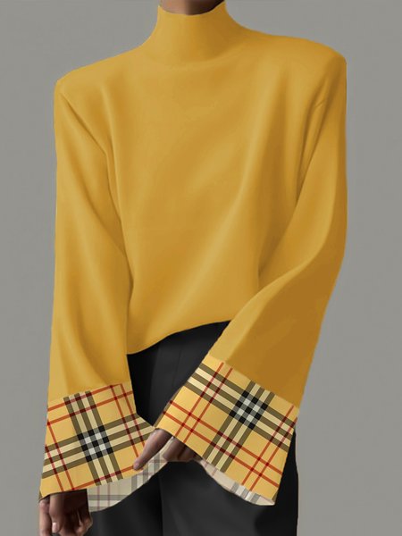 

Loosen Urban Plaid Bell Sleeve Stand Collar Blouse, Yellow, Blouses and Shirts
