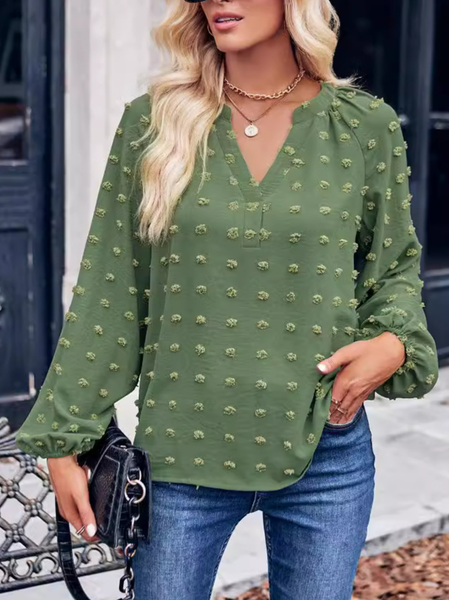 

V Neck Long Sleeve Plain Regular Loose Blouse For Women, Green, Blouses