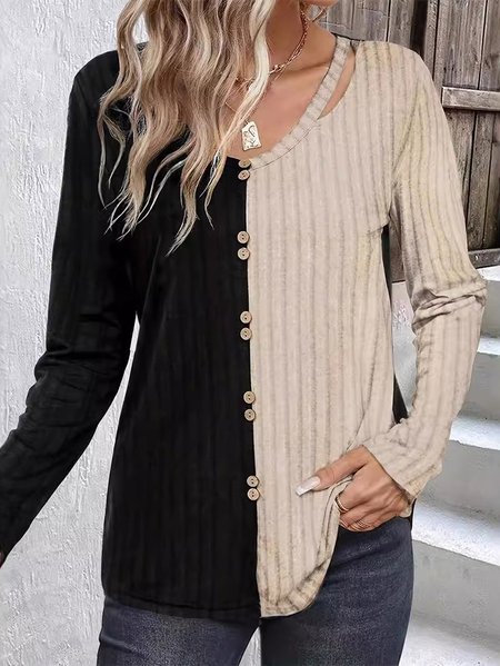 

V Neck Long Sleeve Color Block Regular Micro-Elasticity Loose Blouse For Women, Black, Blouses