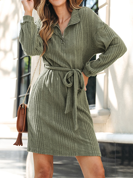 

Women's Long Sleeve Summer Plain Zipper Dress V Neck Daily Going Out Casual Knee Length H-Line, Green, Dresses