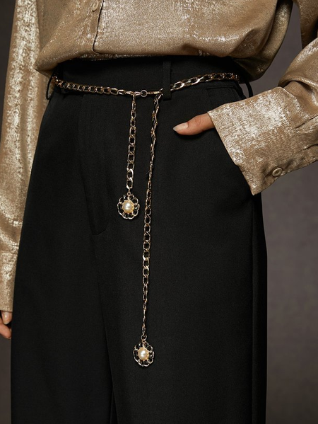 

Flower Metal Waist Chain Belt, Black, Belts