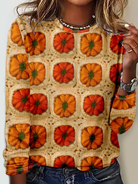 

Women's Pumpkin Knitted Print Casual 3D Printing Long Sleeve Shirt, Orange, Long sleeves