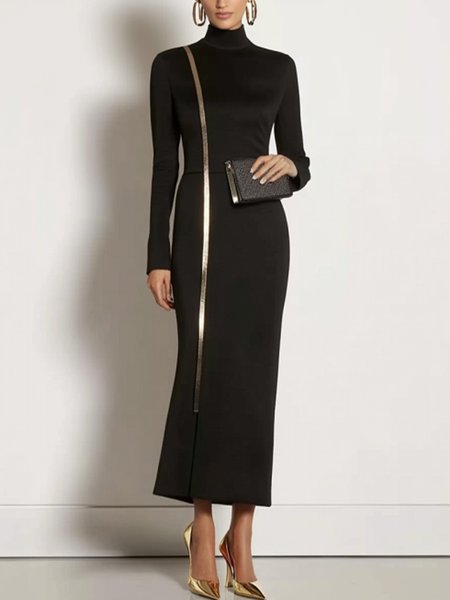 

Regular Sleeve Plain Elegant Webbing Midi Dress, Black, Midi Dresses