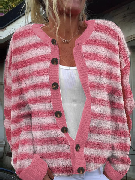 

Pink Breast Cancer Awareness 3D Printing Striped Crew Neck Knitted Casual Cardigan, Cardigans