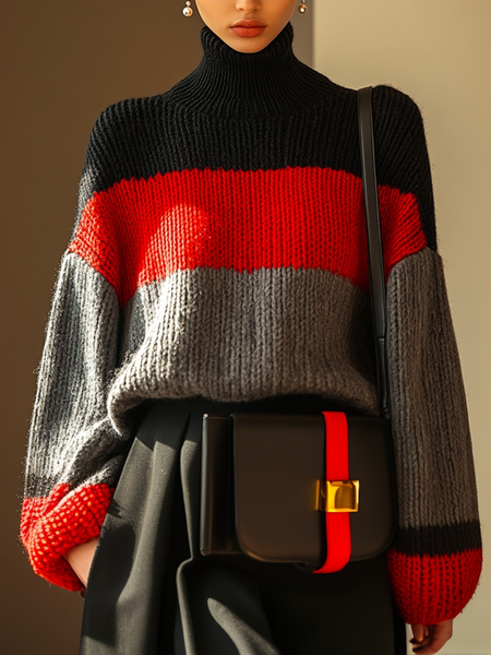 Turtleneck Color Block Casual Sweater, Red, Pullovers