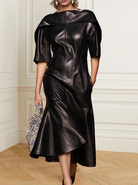 

Raglan Sleeves Irregular Craftsmanship Urban Faux Leather Dress, Black, Midi Dresses