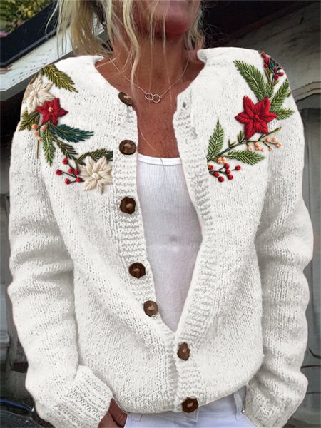 

Knitted Casual Crew Neck Floral Cardigan, White, Cardigans
