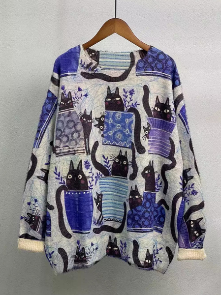 

Funny Cat Knitted Crew Neck Loose Simple Sweater, Blue, Sweaters