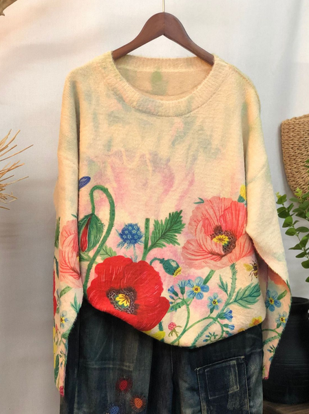 Loose Floral Simple Knitted Sweater, Red, Sweaters