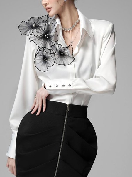 

Shirt Collar Regular Fit Regular Sleeve Elegant Shirt, White, Blouses and Shirts