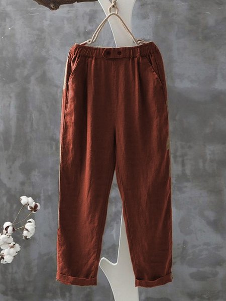 

Plain Loose Cotton Casual Pants, Khaki, Pants