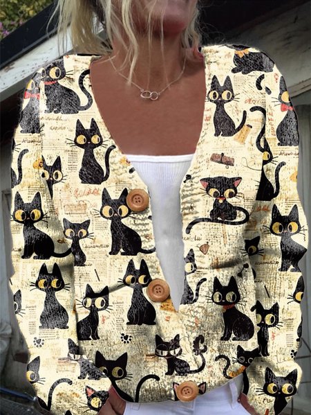 

Cute Cartoon Cat Casual Loose Wool/Knitting V Neck Cardigan, Khaki, Cardigans