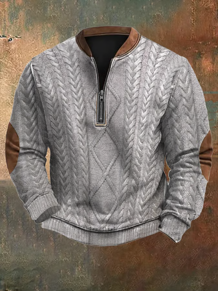 

Men's Vintage Knit Print Zip-Up Sweatshirt, Gray, Hoodies&Sweatshirts