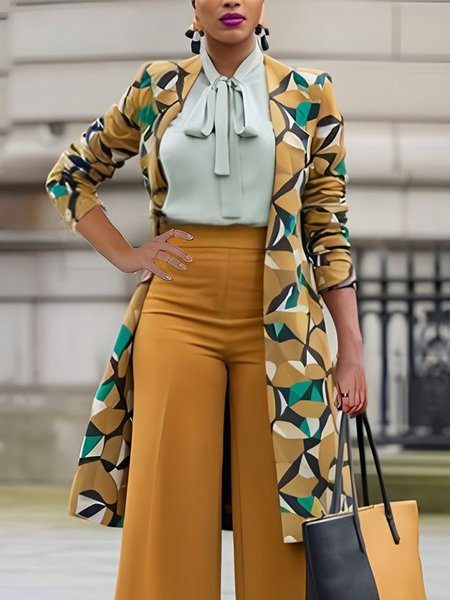 

Long Sleeve Random Print Urban Loosen Trench Coat, As picture, Coats